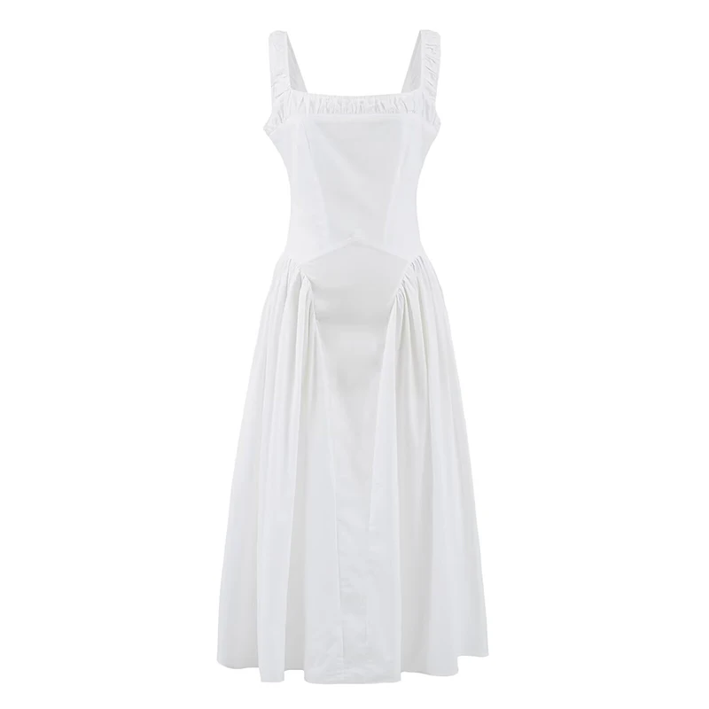 YENKYE New Women Midi Long White Tank Dress Sexy Sleeveless Low Waist Elegant Holiday Party Dresses Female Cotton A-line Robe