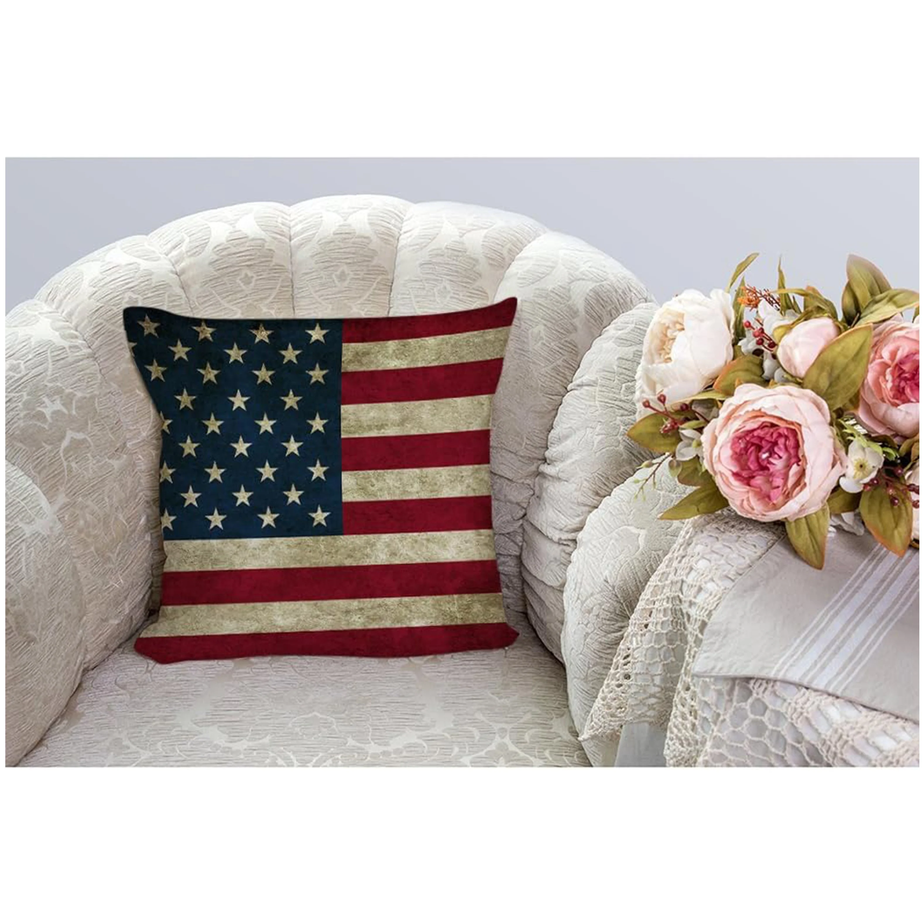 1pc Vintage American Flag Pillow Cover, Patriotic Stars & Stripes Design Cushion Case for Sofa Bedroom Living Room Decor
