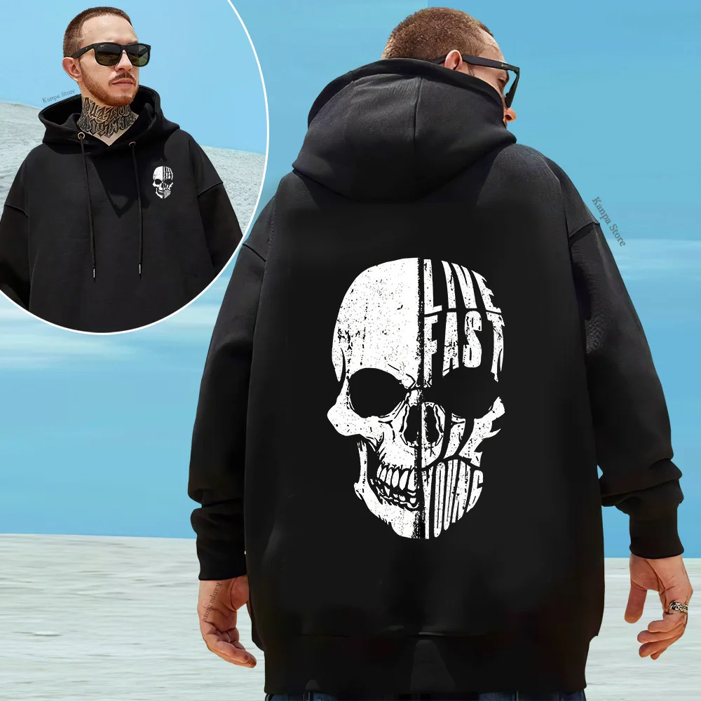 Black Fashion Men's Sweatshirt Cool Fashion Skull print pattern Fleece Oversized Hoodie Streetwear Hoody for Men streetwear