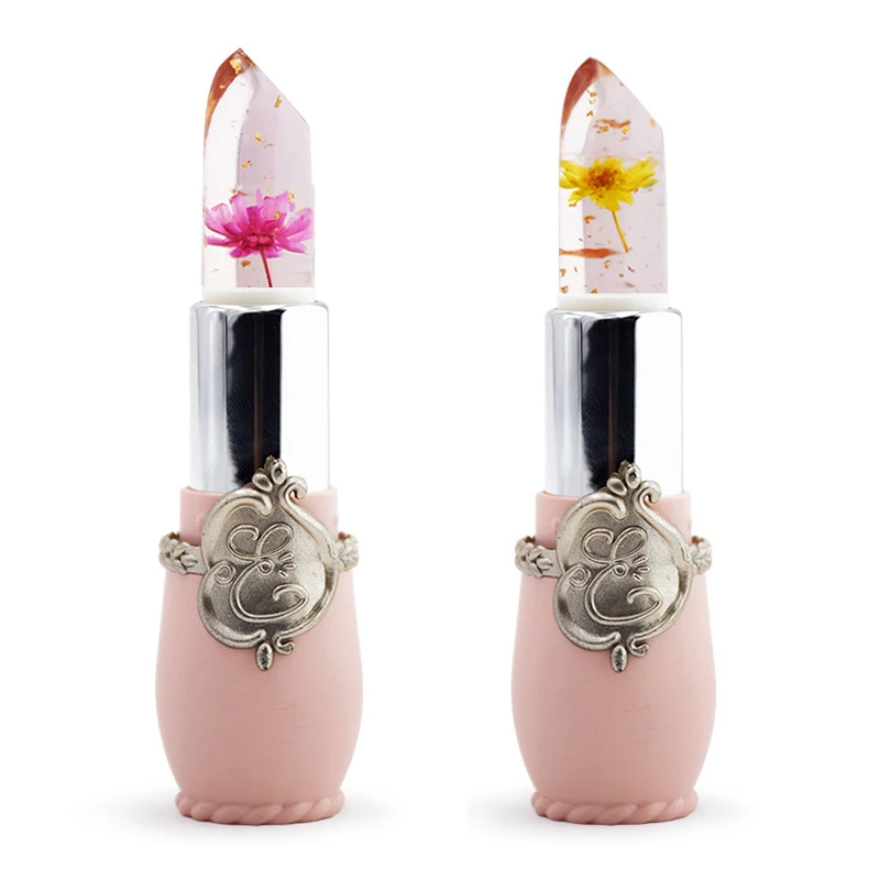 2 Pcs Beauty Bright Flower Crystal Jelly Lipstick Magic Temperature Change Color Lip Balm Makeup , Rose With Lemon Yellow