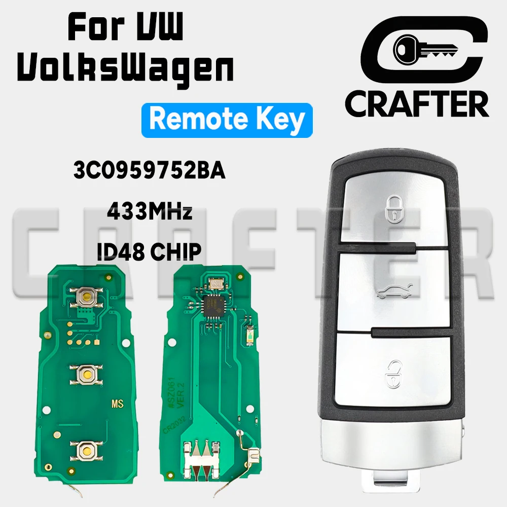 

Key Crafters Car Remote Key 3C0959752BA ID48 Chip 433MHz For VW VolksWagen Passat B6 3C B7 Magotan CC Half Smart Remote Key
