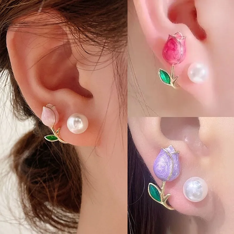 

925 Silver Needle Sweet Fresh Pink Tulip Earrings For Women Jewelry 2024 Trending New Luxury Pearl Flower Women's Stud Earrings