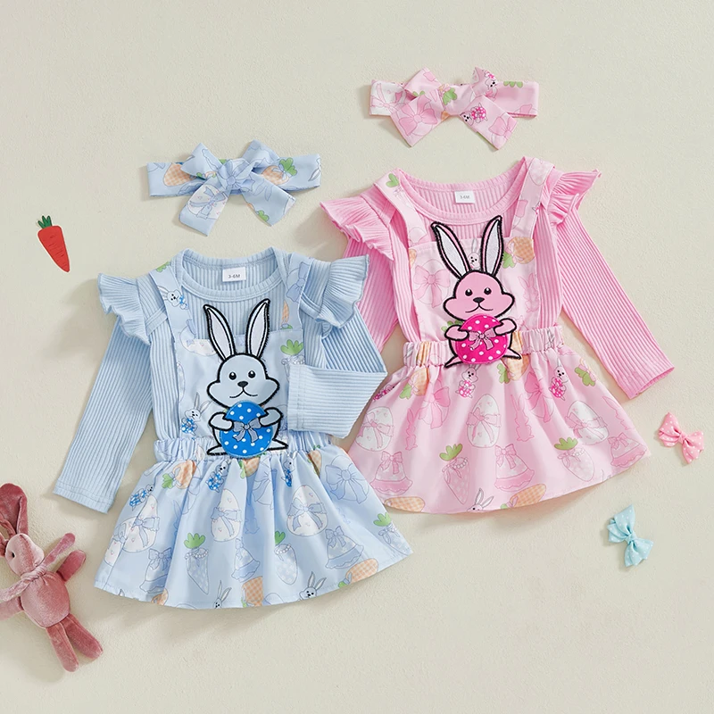 Baby Girl Easter Outfit Ribbed Ruffle Long Sleeve Romper Rabbit Suspender Skirt Bow Headband 3 Pcs Spring Set