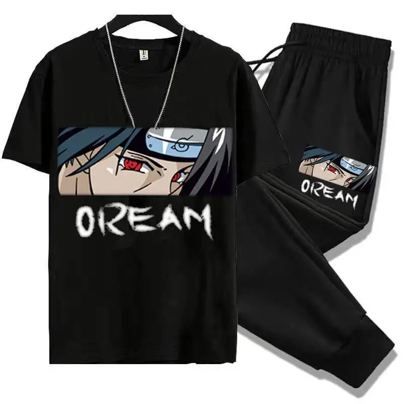 One Piece anime peripheral clothing youth sports suit Luffy Uchiha Itachi casual short-sleeved nine-quarter pants two-piece set