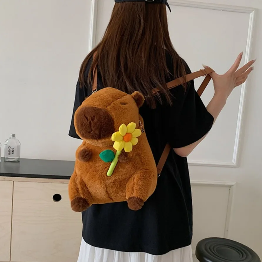 Comfortable Cartoon Capybara Backpack Plush French Fries Kawaii Handbags Korean Style Hamburg Doll Fur Bag Boys