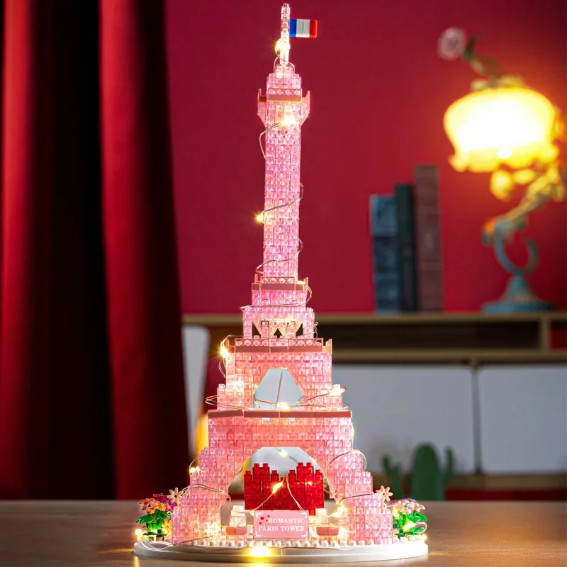 YKO 1025 World Architecture Pink Crystal Romantic Eiffel Tower Heart LED Light 3D Mini Diamond Blocks Bricks Building Toy No Box