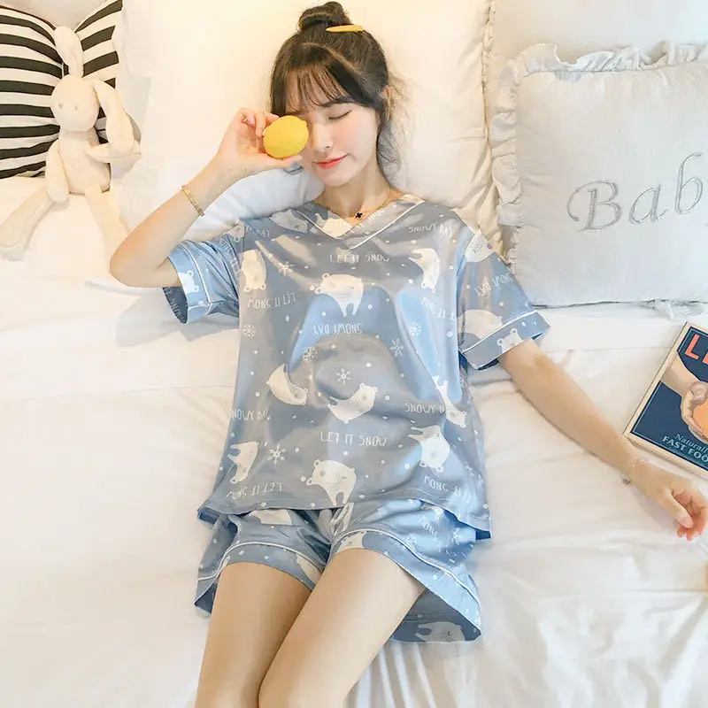 

Silk Like Women Pajamas Set Summer Short Sleeve Shorts Cartoon Homewear Outfit