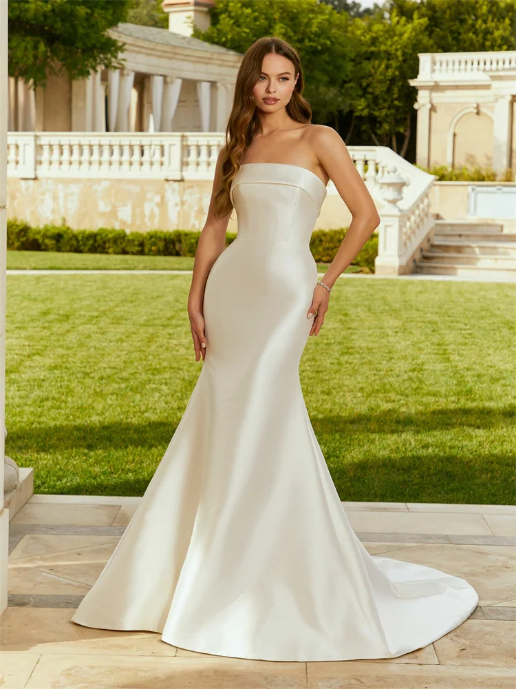 Personalizado sem alças decote sereia vestido de casamento de cetim elegante aberto volta botão até o chão destacável trem vestido para noiva