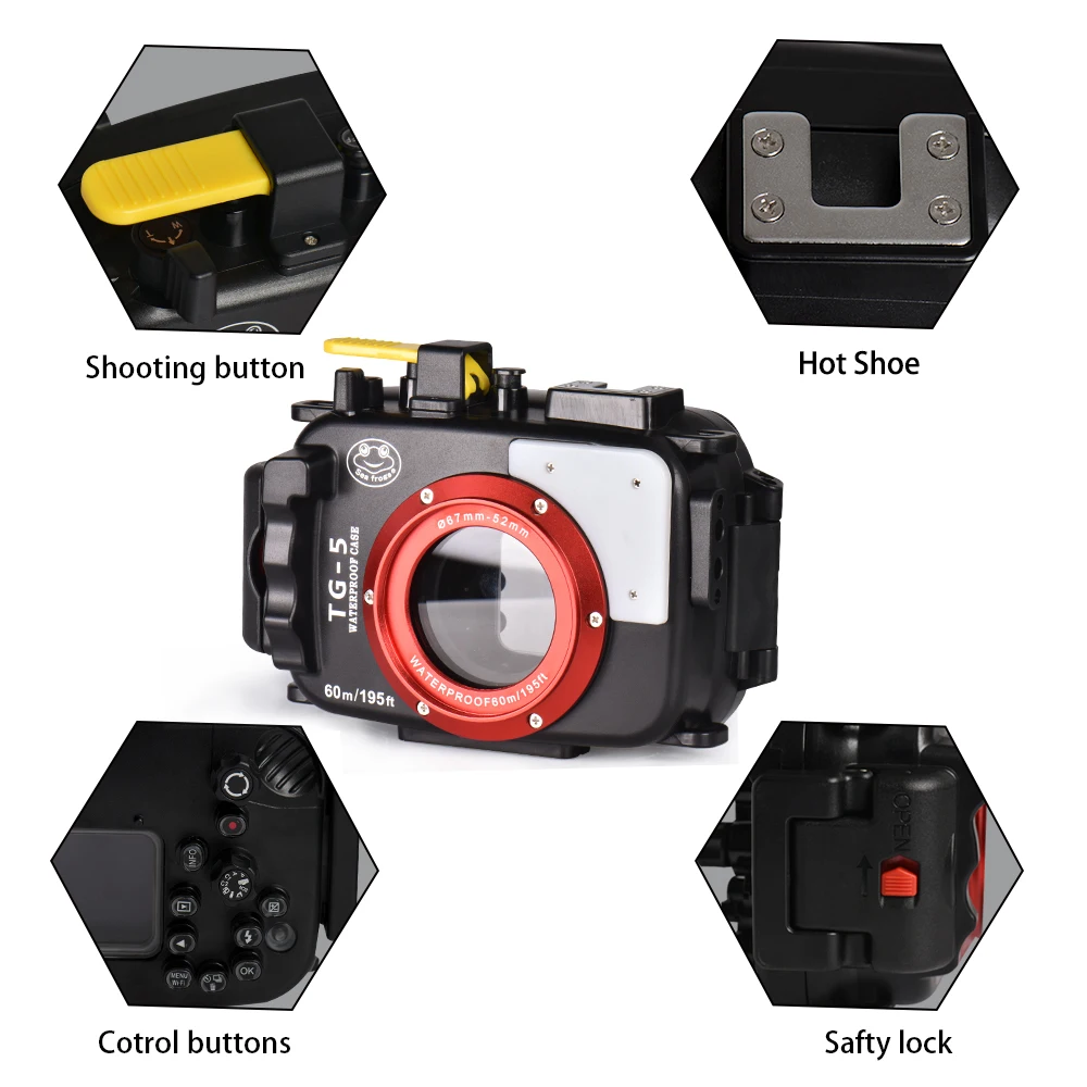 60M/195ft Waterproof Box Underwater Housing Camera Diving Case For Olympus TG5 TG-5 Bag Protective Case Cover Black