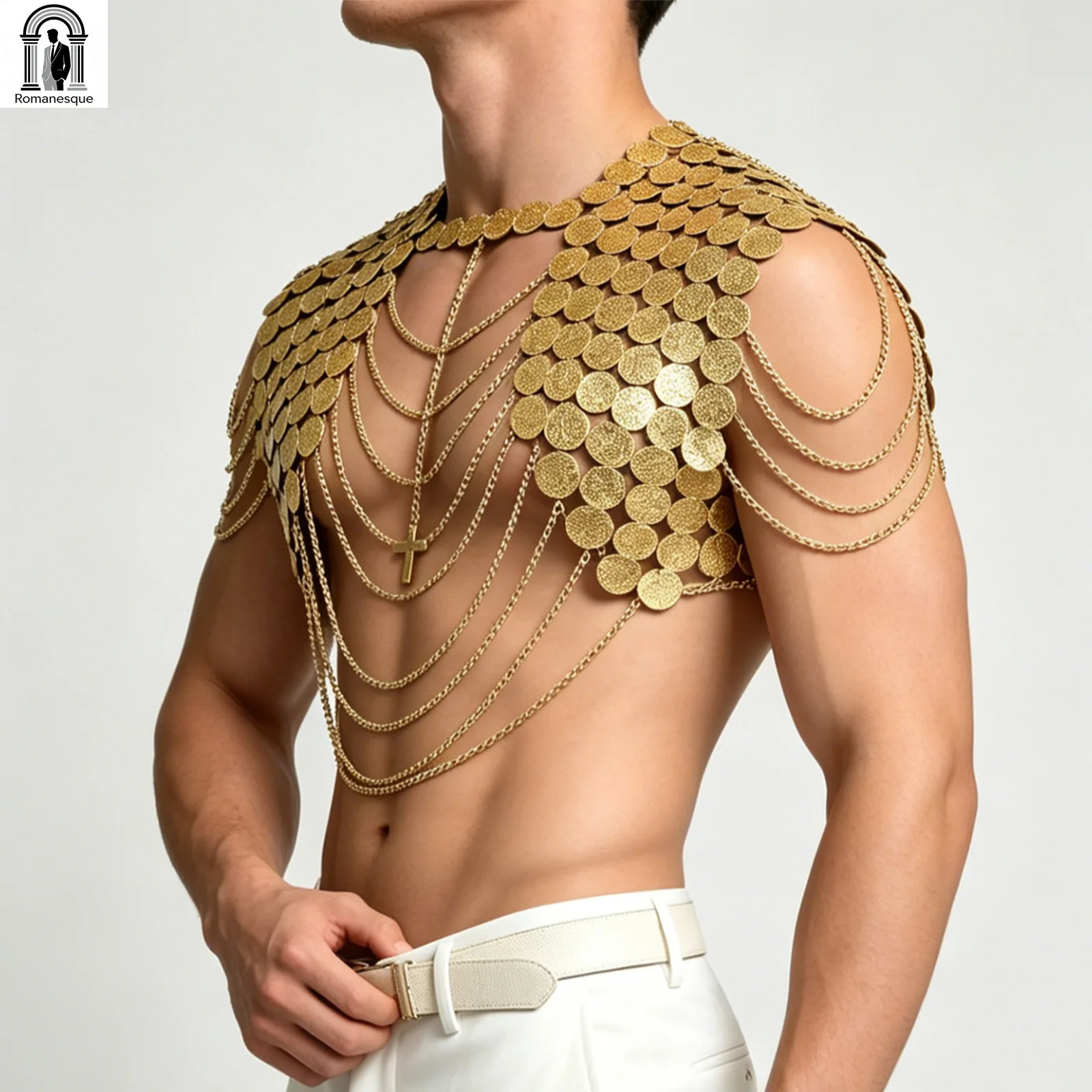 Vintage Gold Disc Shoulder Body Chain Vest For Men Multi Layer Tassel Cross Chest Harness Nightclub Stage Show Body Jewelry