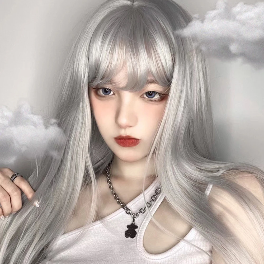 Synthetic Fashion Women's Long Wig Filament Granny Grey Air Bangs With Long Straight Hair Costume Role-Playing Hair Accessories