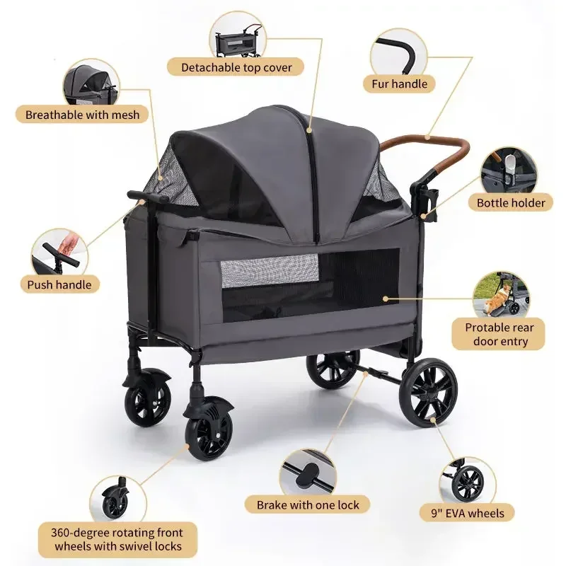 Portable Fabric Dog Stroller Aluminum Tube Pet Outdoor Travel 4 Wheel Large Capacity Pet Stroller