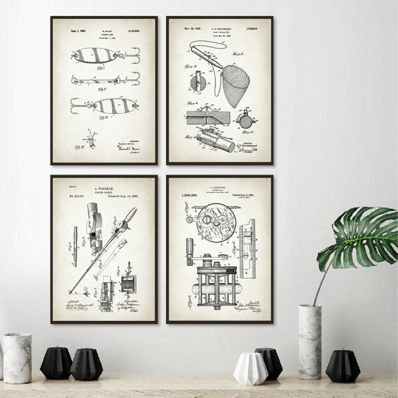 Vintage Fishing Lure Patent Chart Vintage Poster Rod Hooks Angling Wall Art Picture Fish Kinds Canvas Painting Prints Man Gif