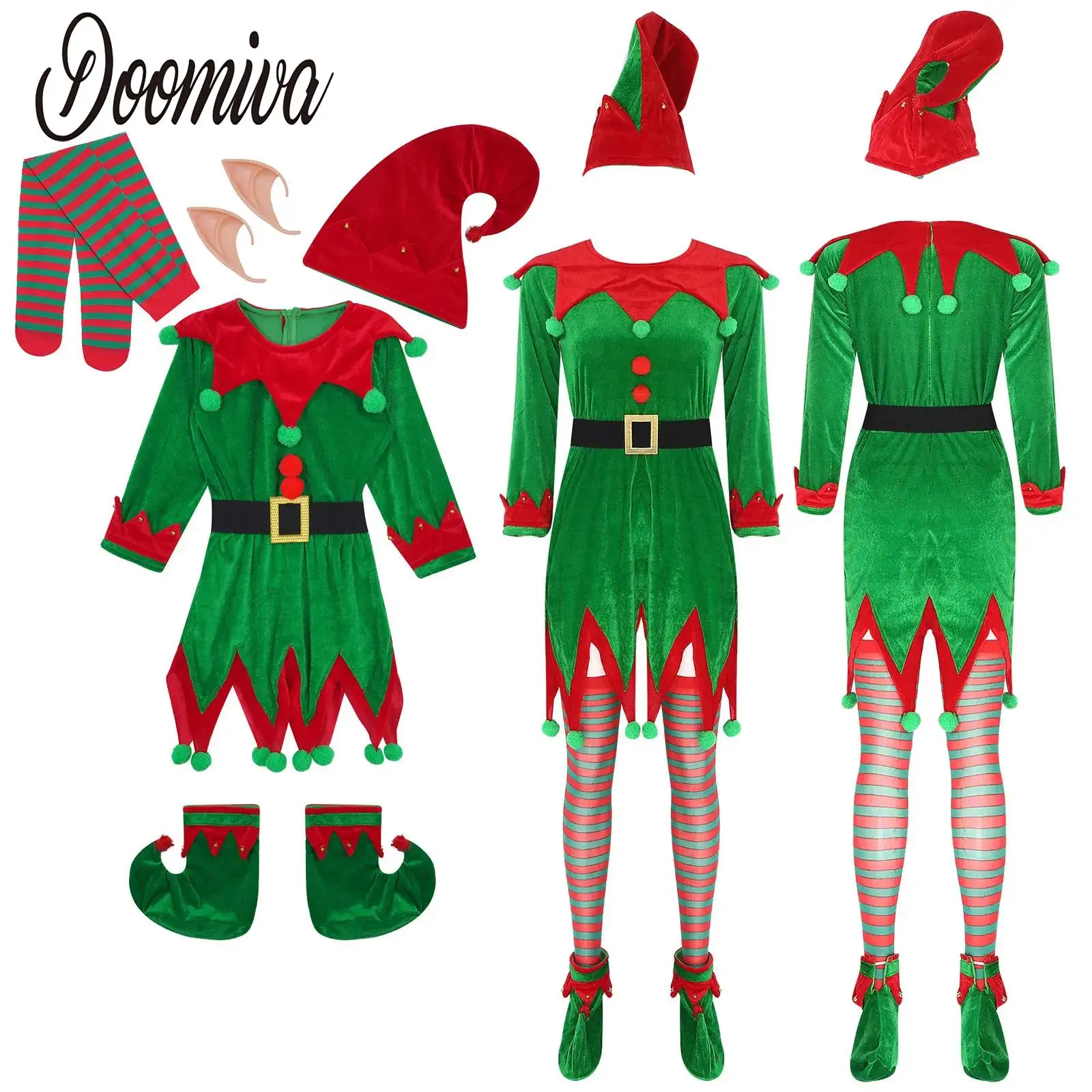 

6Pcs Adult Unisex Christmas Elf Costume Full Set Xmas Elves Santa Helper Fancy Dress Outfit for Women Men Santa Dress Up Clothes