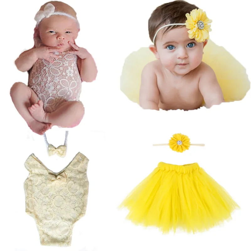 

4 PCS Baby Tutu dress Skirt Outfits Photography Props Newborn Flower Headband + Bow Headdress & Lace Romper Set for Infant Girls