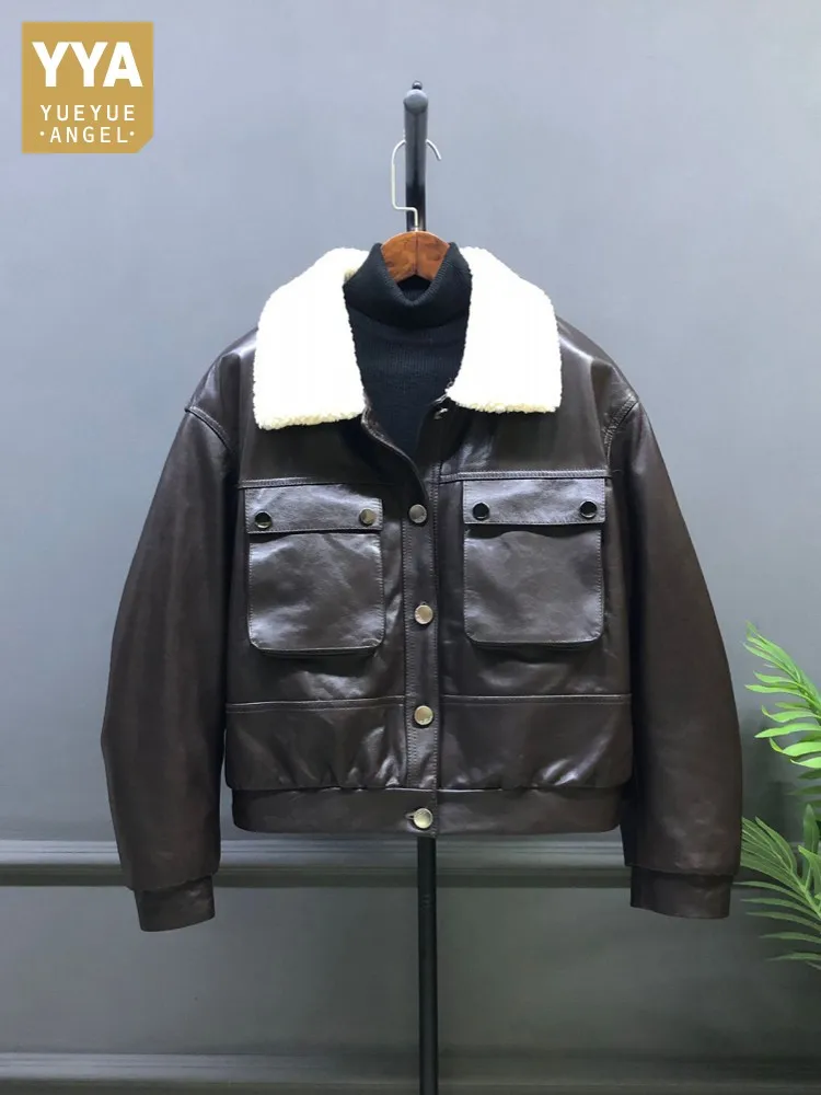 Vintage femmes chaud rembourré manteau col en laine coupe ample simple boutonnage en peau de mouton en cuir véritable veste décontracté moto pardessus