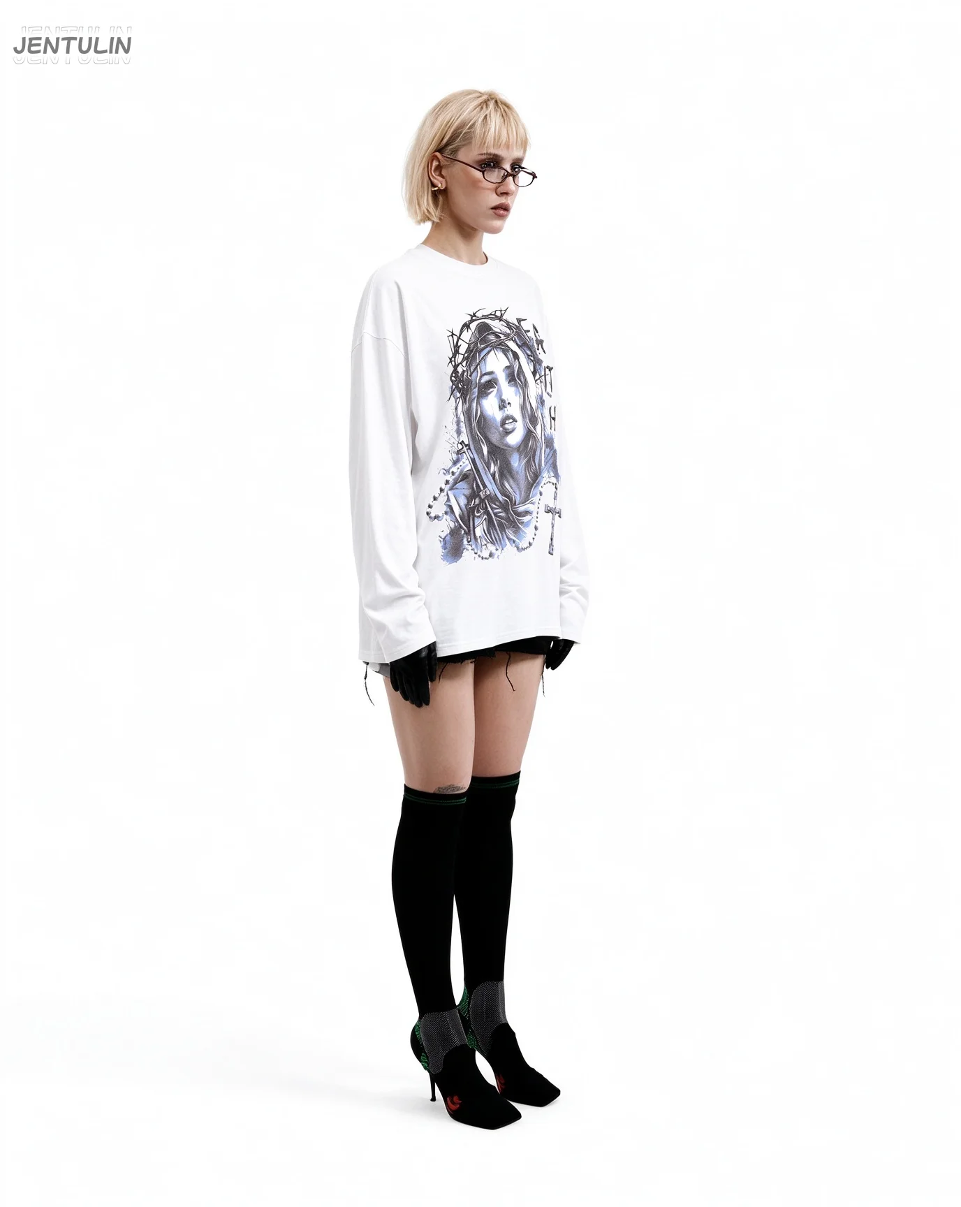 Unisex Faith Figure Graphic Man And Woman Long Sleeve T Shirt Y2K Grunge Punk Oversized Loose Dark Aesthetic Streetwear Tee
