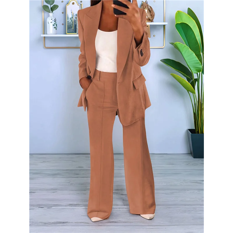 FX-Women 2 قطعة ملابس حجم كبير الأعمال عارضة طويلة الأكمام طية صدر السترة أعلى السراويل الساق المستقيمة الدعاوى