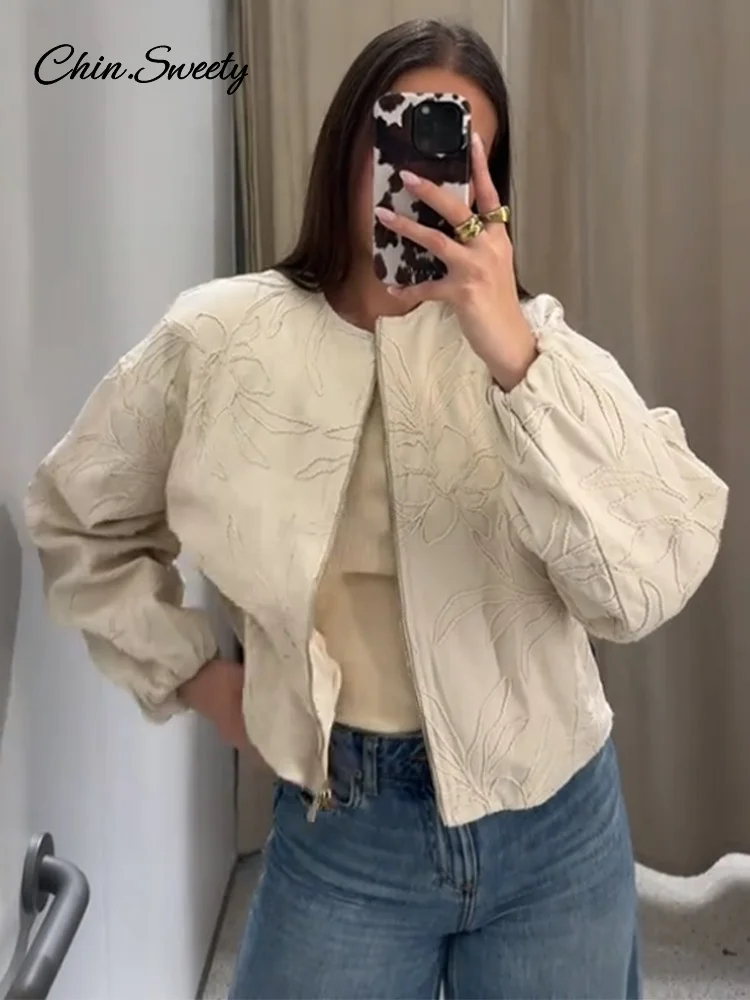 

Casual Embroidery Women's Bomber Jacket Loose Zipper Long Sleeve Short Coat Female 2025 Spring Fall Lady High Street Outwears