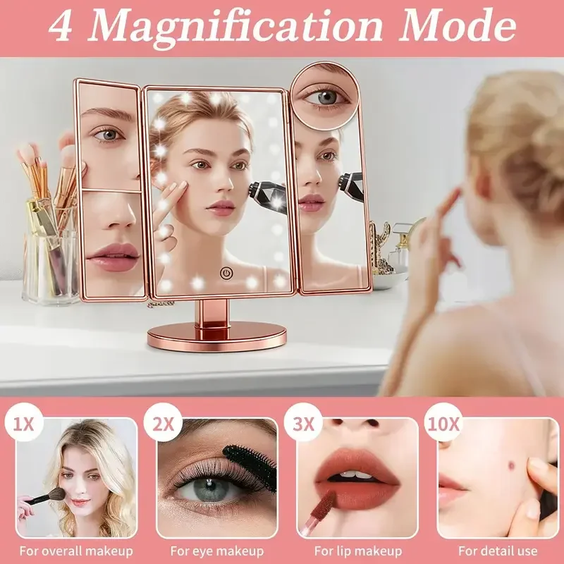 Makeup Mirror with Lights, Trifold, 10X Magnification, Touch Screen, Adjustable Brightness, for Bathroom Women Gift