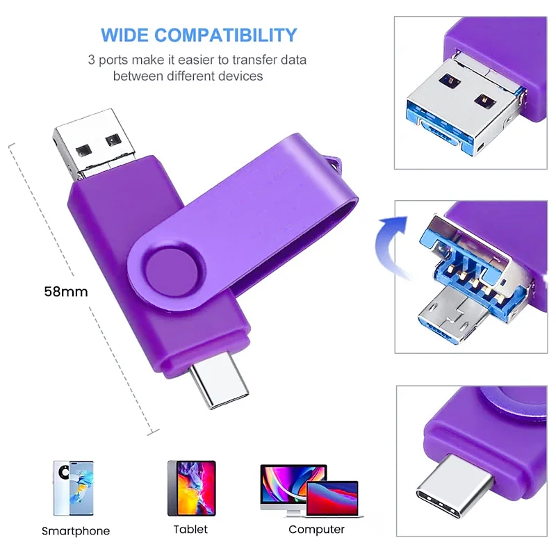 محرك أقراص فلاش OTG من النوع C عالي السرعة ، USB 3.0 ، محرك أقراص معدني لأجهزة الكمبيوتر ، الهاتف المحمول ، 128GB ، 512GB ، 64GB