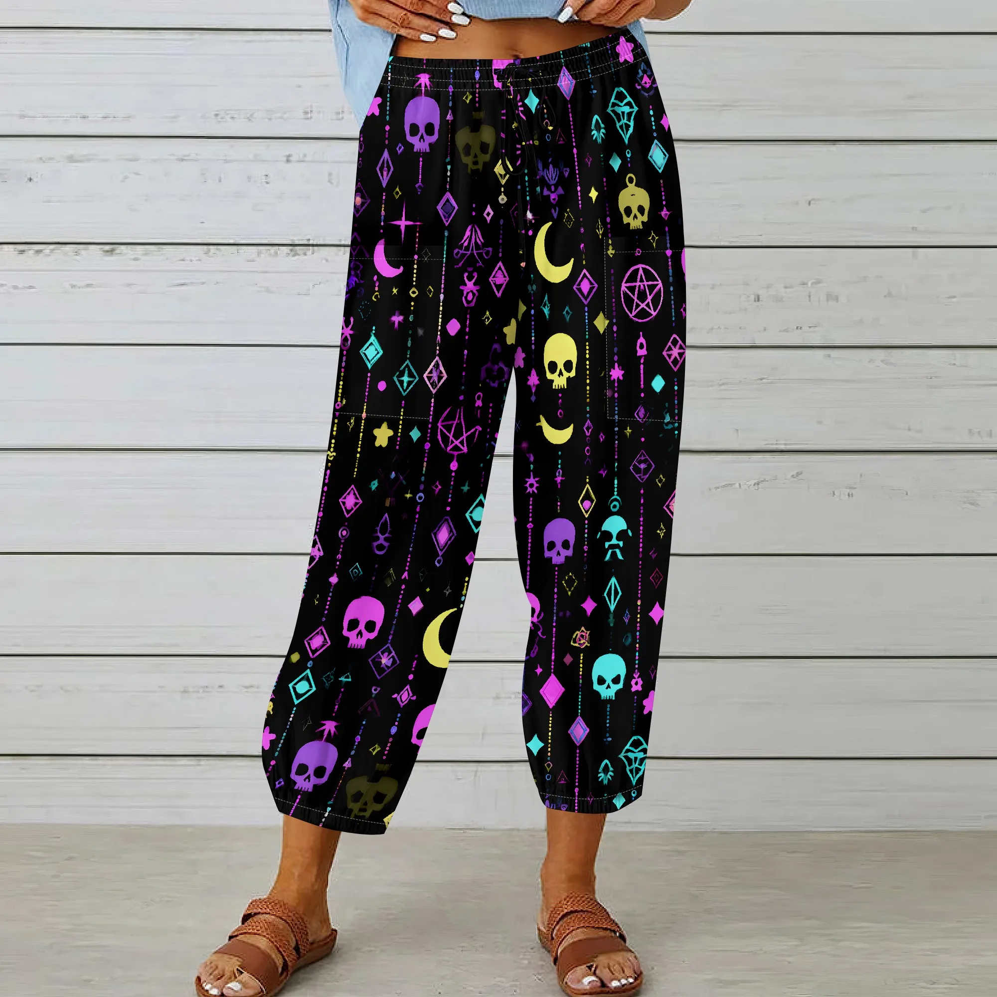 Gothic Skull Print Pants, Neon Moon Graphic Trousers, Occult Crystal Harem Pants, Witchy Lounge Wear for Women, XS-3XL