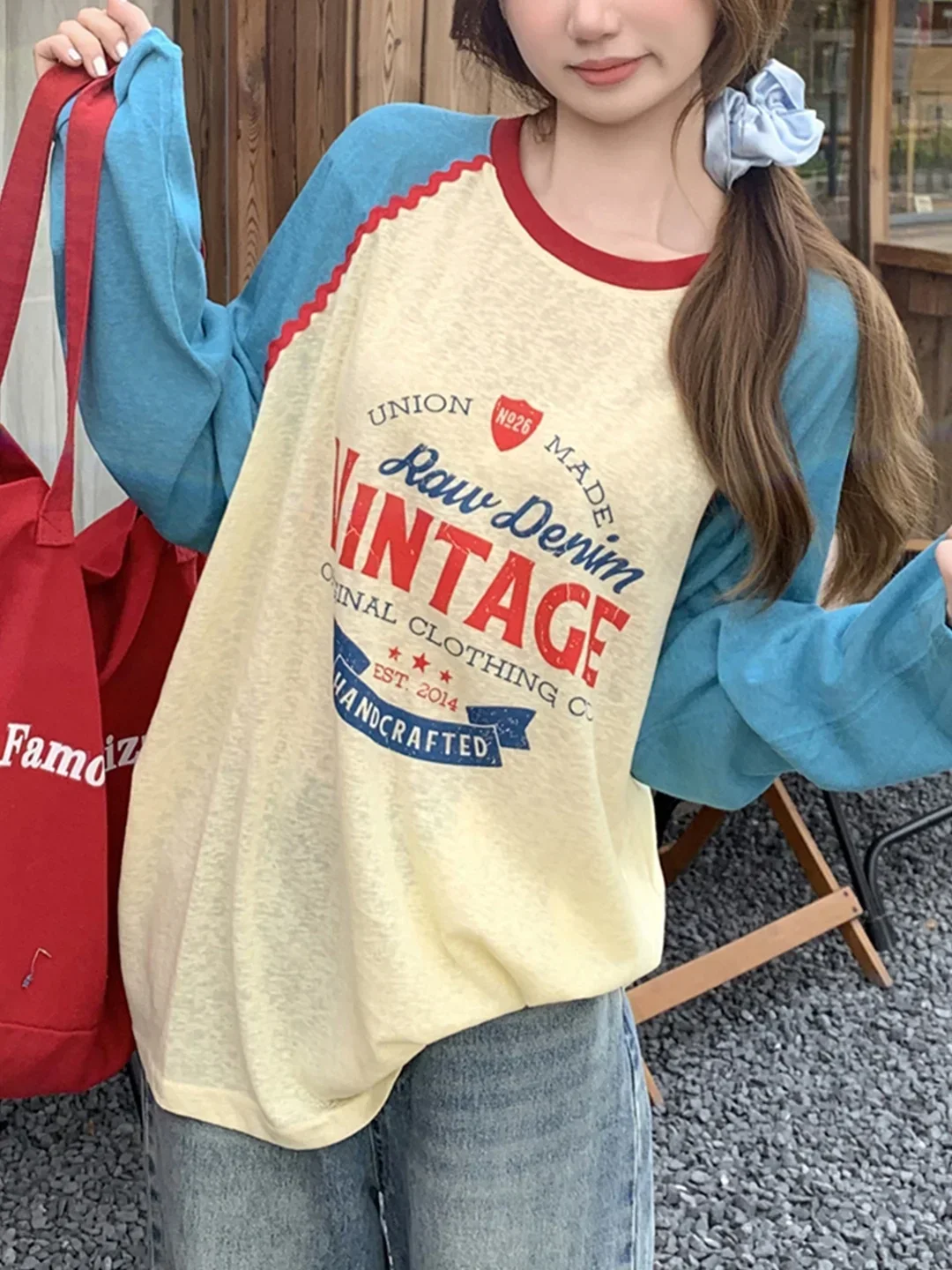 2026 Unisex Y2K Daily Street Long Sleeve Top Korean Minimalist Harajuku Color Block Letter Print Casual Tee Aesthetic Clothes