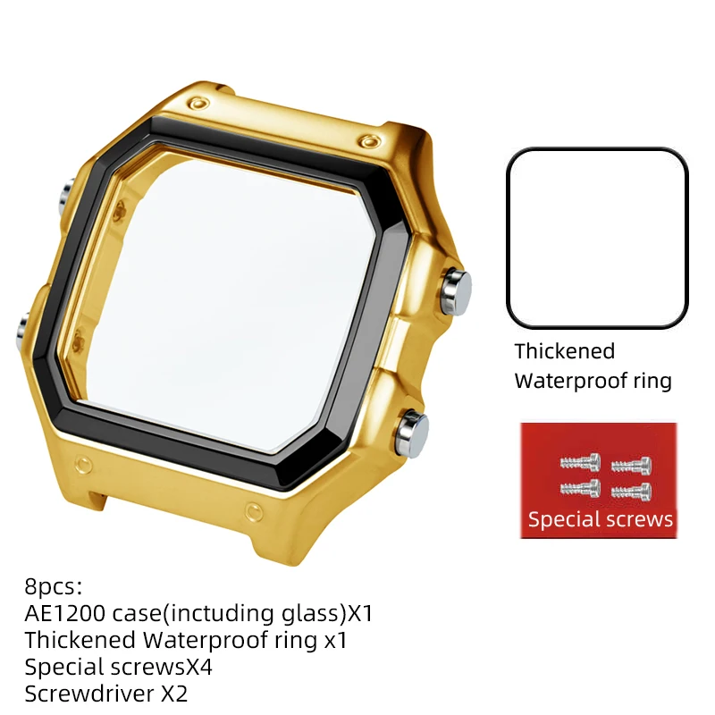 Für Casio AE1200 Gehäuse-Modifikationskit, Vollmetallgehäuse 3299, AE-1200 Lünetten-Glas-Wasserdichtungsring-Kit, 304 Edelstahlteile 9