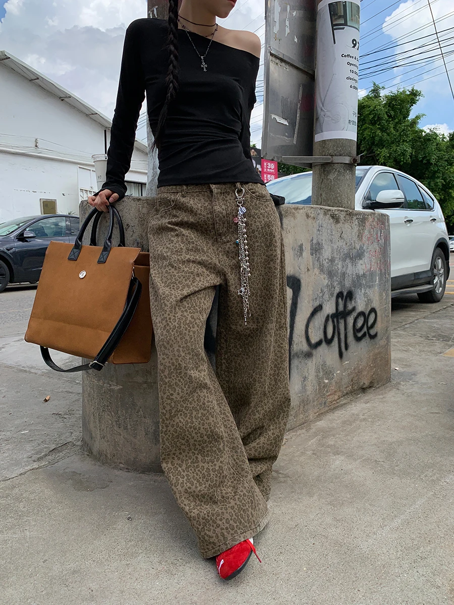

High Waist Straight Leg Denim Jeans Women's Loose Fit Spring Fashion Leopard Print American Style High Street Wide Leg Pants