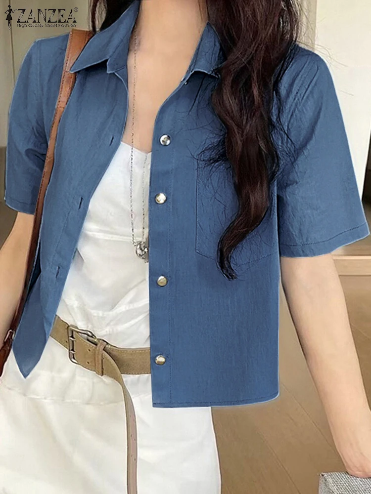 ZANZEA قمصان نسائية على الموضة 2025 بلوزات صيفية بأكمام قصيرة بلوزة أنيقة متينة للسيدات أزرار فضفاضة غير رسمية طية صدر السترة بلوزات كورية