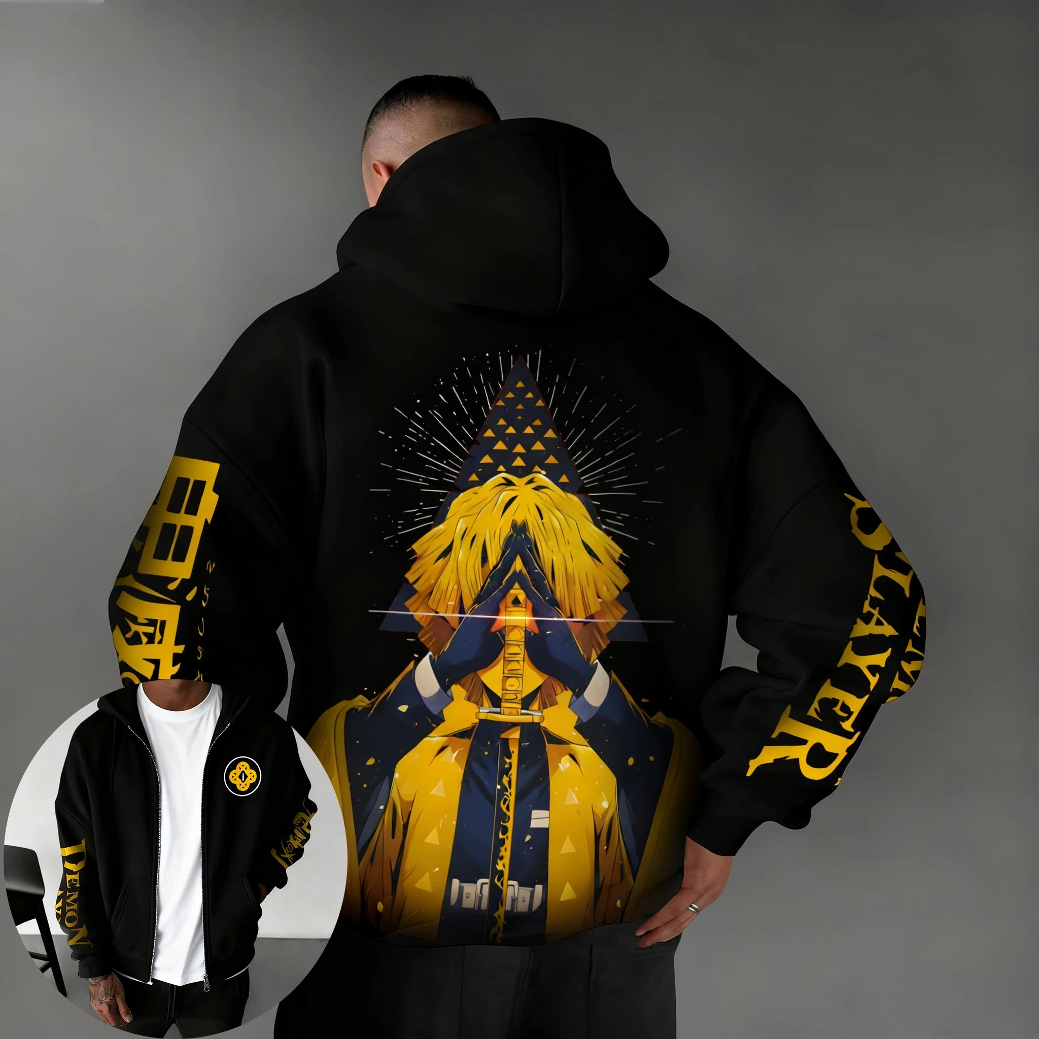 

Demon Slayer Anime Co-branded Zipper Hoodie Autumn/Winter New Agatsuma Zenitsu Printed American Hip Hop Casual Loose Open Fleece