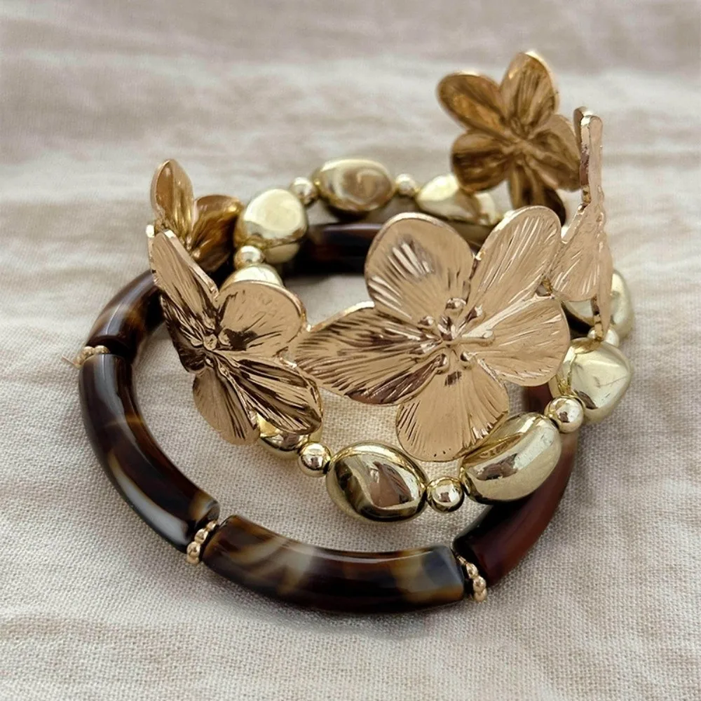 3Pcs/Set New Bohemian Big Flower Bangle Set Punk Thickened Irregular Cuff Bracelet Gold Bamboo Tube Cuff Bracelets Set Women