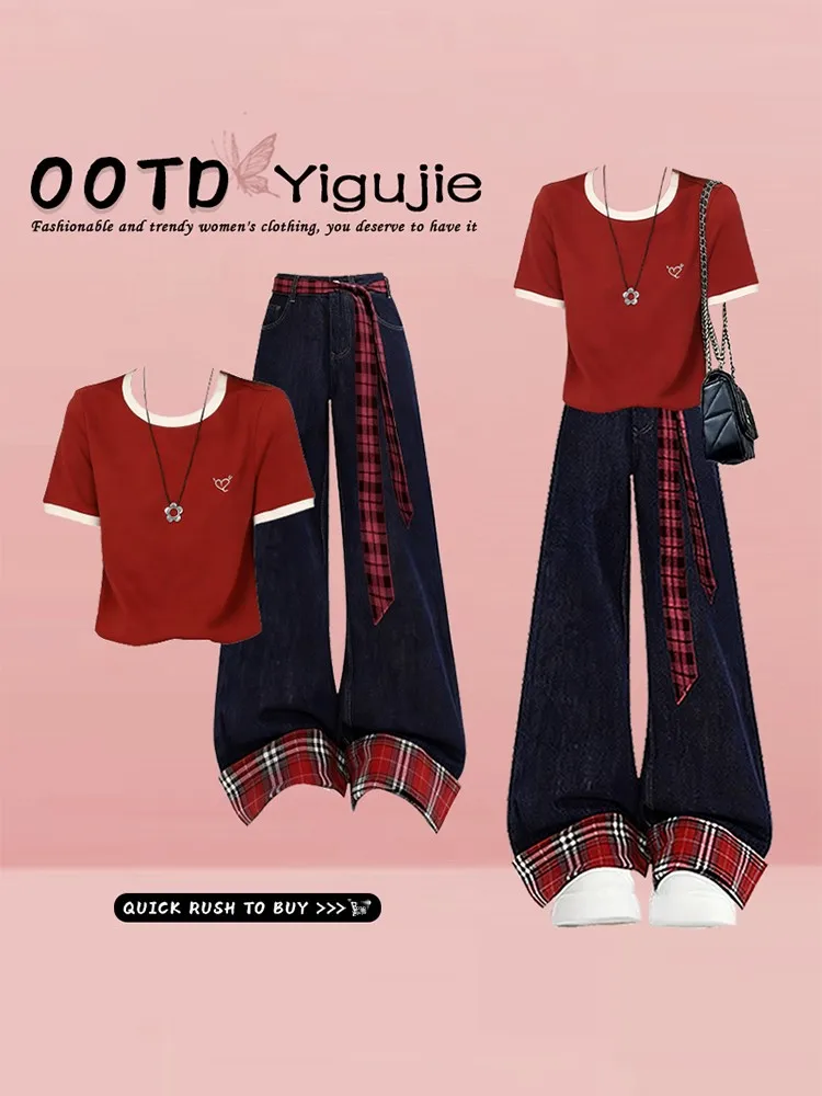 

Red Heart Vintage Short Sleeve Summer Women's T-shirt Inner Wear Top Base Shirt Color Block Plaid Denim Pants Two-piece Set