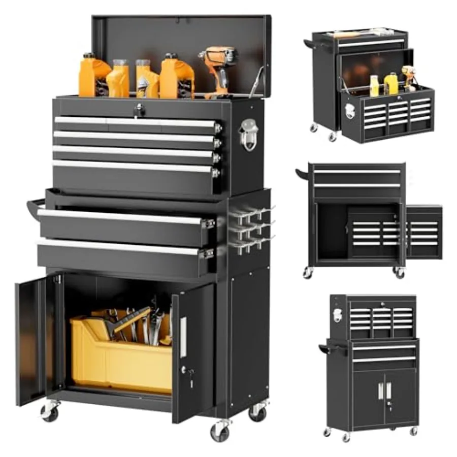 

Комбинированный комод для инструментов с 8 ящиками и шкафом. Прочный металлический комод для гаражных инструментов с колесами и 2 дверцами. Верхний ящик 2 в 1. и ролик.
