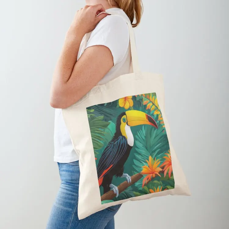 

Toucan in Tropical Garden with Flowers, Monstera Leaves, Green Plan Tote Bag Cloth bag canvas bags Eco bag Lady