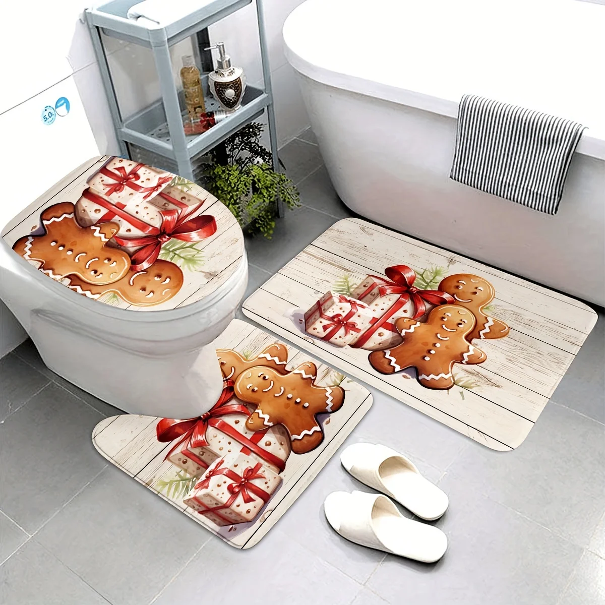 Merry Christmas Gingerbread Bathroom Set - Soft & Non-slip Contour Mat, Toilet Cover, and Bathtub Mat for Festive Home Decor