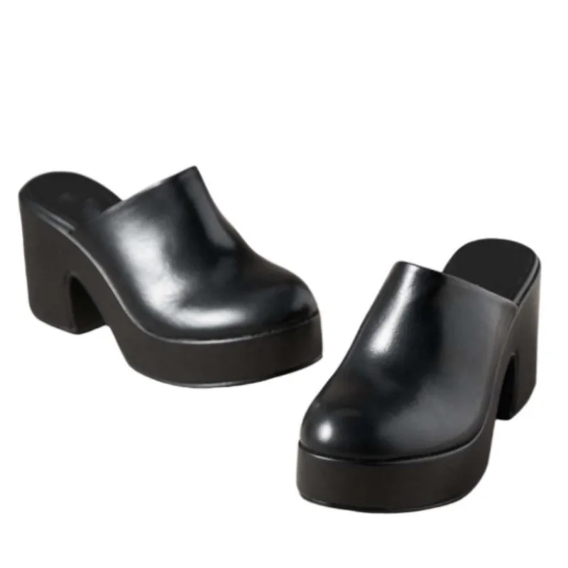 

SHOFOO Sexy women's high-heeled slippers. Black leather slippers. About 8cm heel height. Closed toe round toe slippers.SIZE34-46