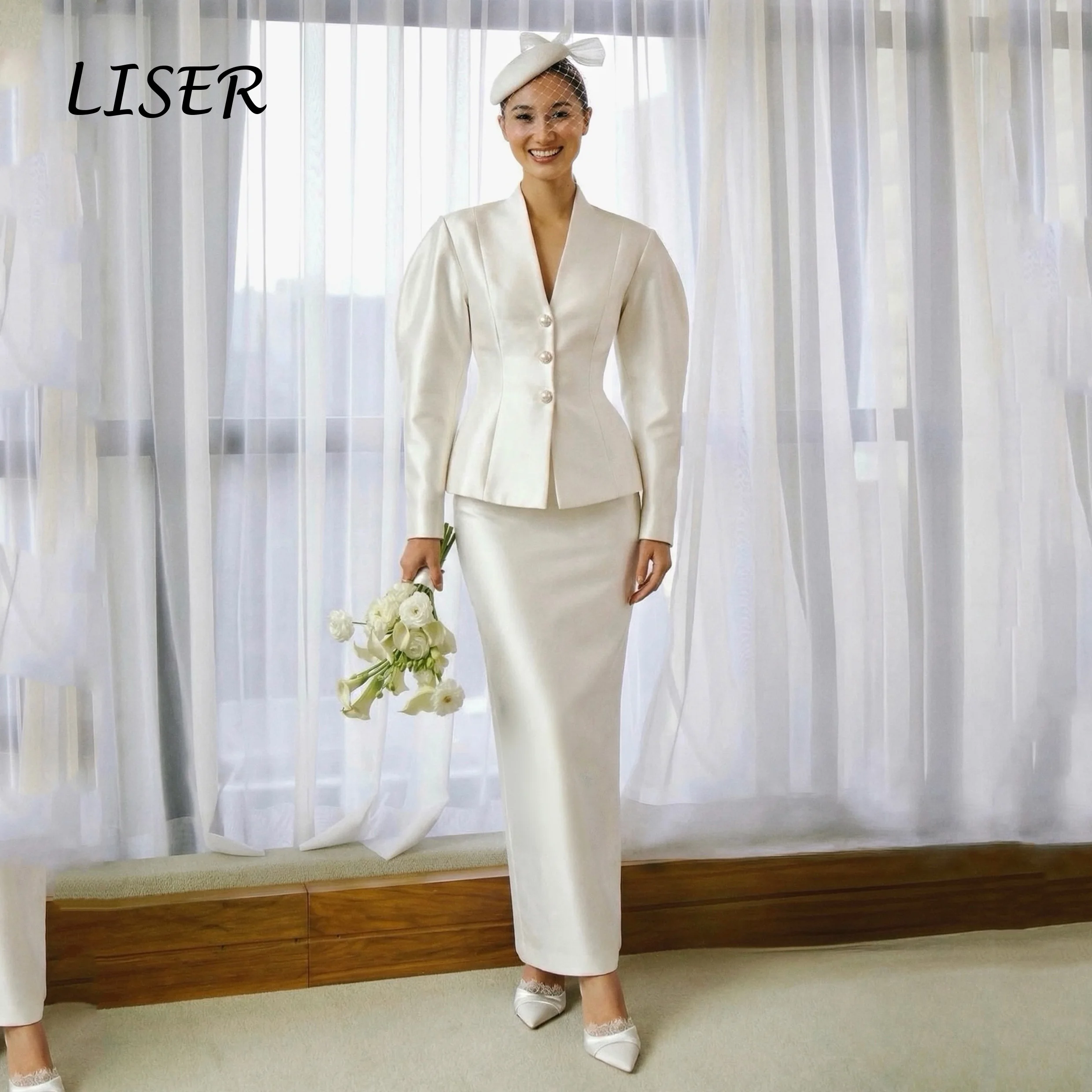 Liser Modern Leg-of-Mutton Sleeves Wedding Dresses Satin 2 Pieces Breasted Vestidos De Novia Vestidos Novias Boda Customized