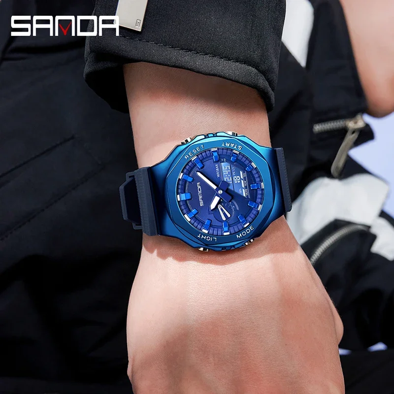 Sanda 3167 Fashionable Octagonal Oak Hand Light Multi functional Men\'s Popular Electronic Watch Waterproof Alarm Clock