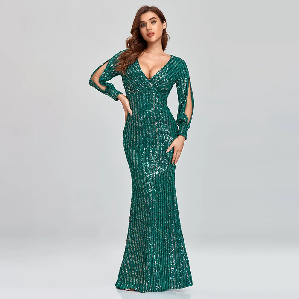 Elegant Women Prom Dresses Performance Pretty Sexy Deep V Neck Sequins Mermaid Lady Weddings Evening Formal Party Dress