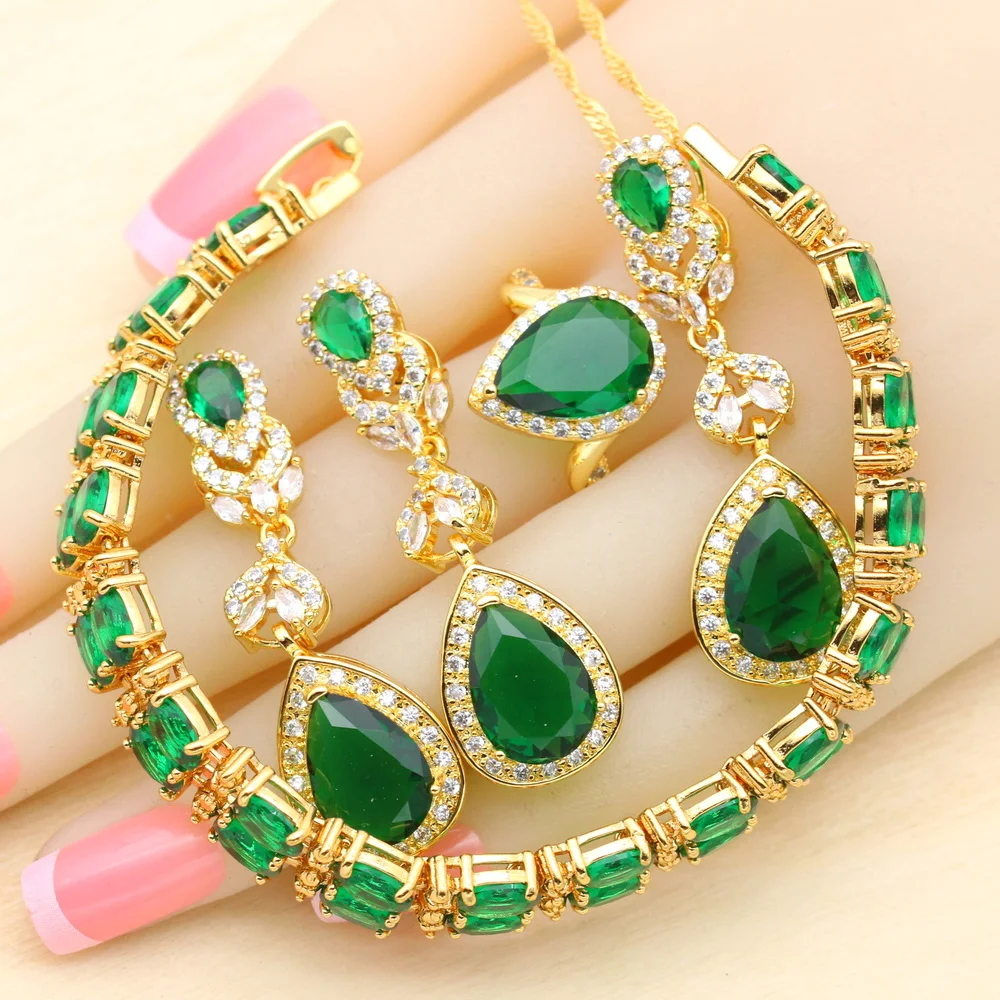 Green Crystal Water Drop Gold Plated Jewelry Sets For Women Wedding Bracelet Earrings Necklace Pendant Ring Party Gift