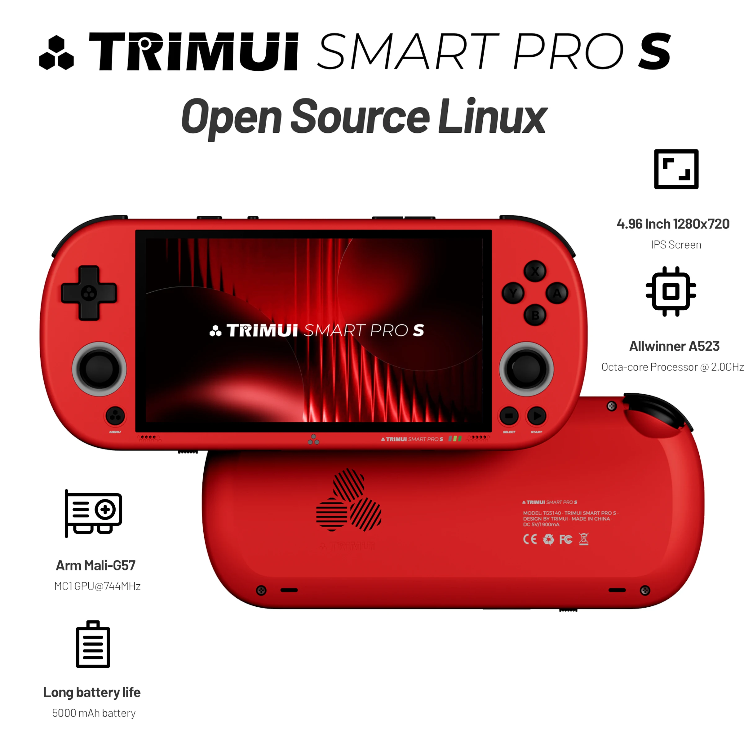 

Портативная игровая консоль TRIMUI SMART PRO S, 4,96-дюймовый IPS-экран, аккумулятор 5000 мАч, джойстик с RGB-подсветкой, слот для карт памяти/64 ГБ/128 ГБ, подарки