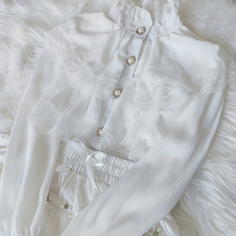Vintage French Women Shirts Lace Lolita Elegant Long Sleeve Flounce Blouse High Quality Office Lady New Fashion Chic Female Tops