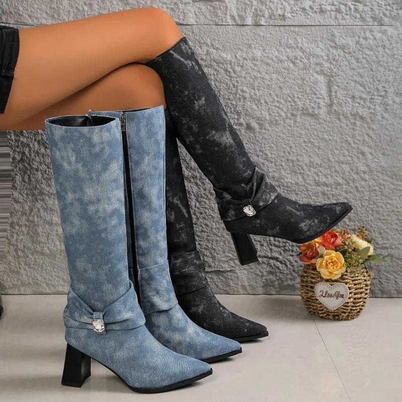 

Женские рыцарские сапоги на высоком каблуке, высокие сапоги на блочном каблуке с острым носком и змеиным принтом, большие размеры