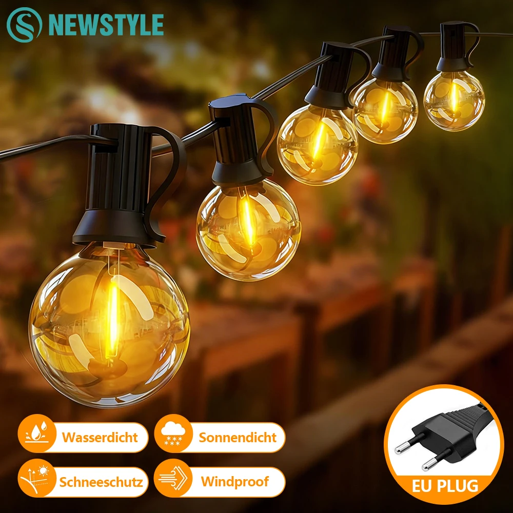 

Уличные гирлянды G40 LED, светильники для патио с вилкой EU, лампы Эдисона, водонепроницаемые подвесные светильники для двора, вечеринок, свадеб, кемпинга