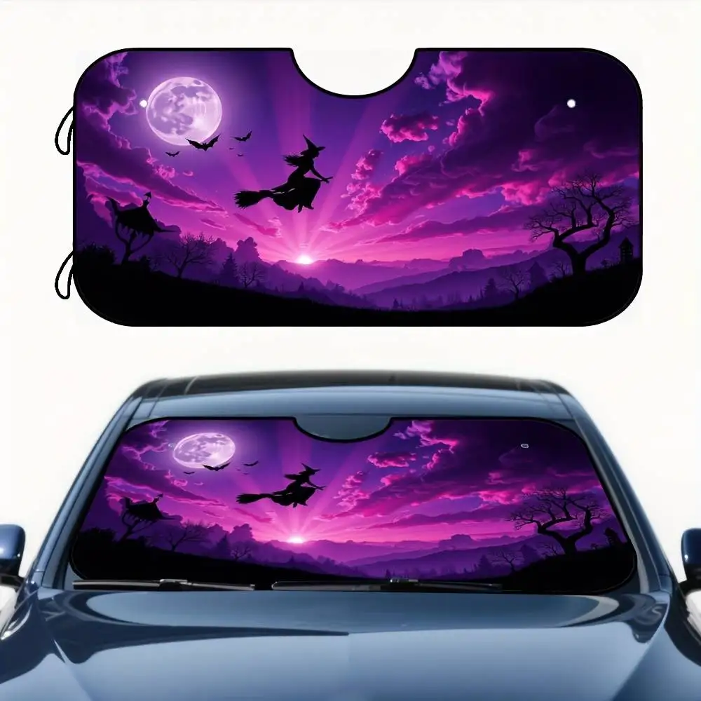 Halloween Purple Witch Bat Moon Car Windshield Sunshade Foldable Sun Visor Fit Car SUV Light Truck