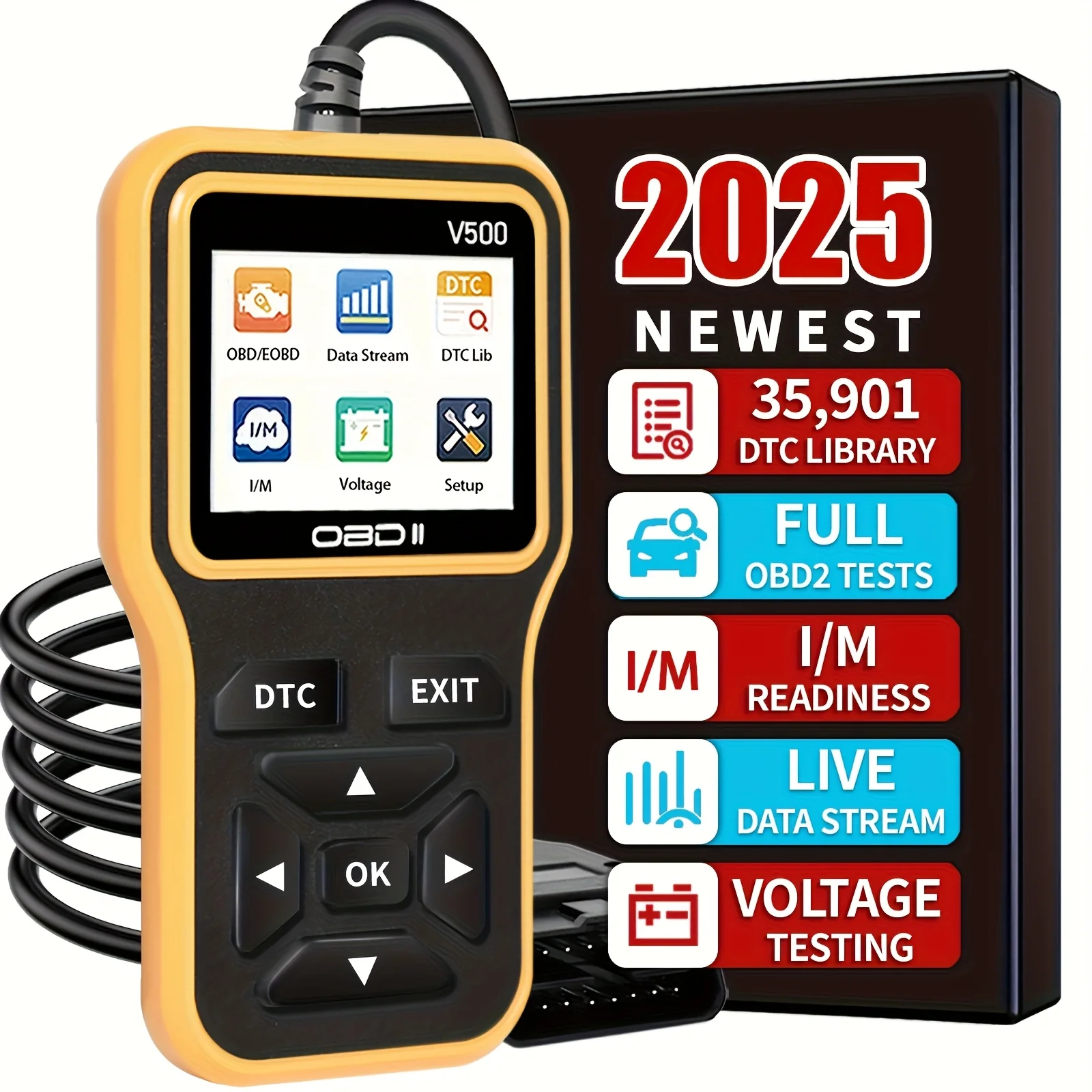 

Новый диагностический инструмент OBD2 - считыватель кодов неисправностей, тестер напряжения, сканер кодов неисправностей двигателя, инструмент для проверки зарядки Obdii-V500, желтая версия, батарея в комплект не входит.