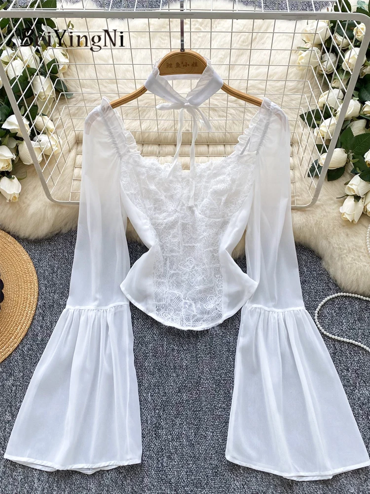 

Beiyingni Full Sleeve Shirts Women 2025 Autumn Sexy Elegant Square Collar Slim Blusas Female Lace Spliced White French Blouses