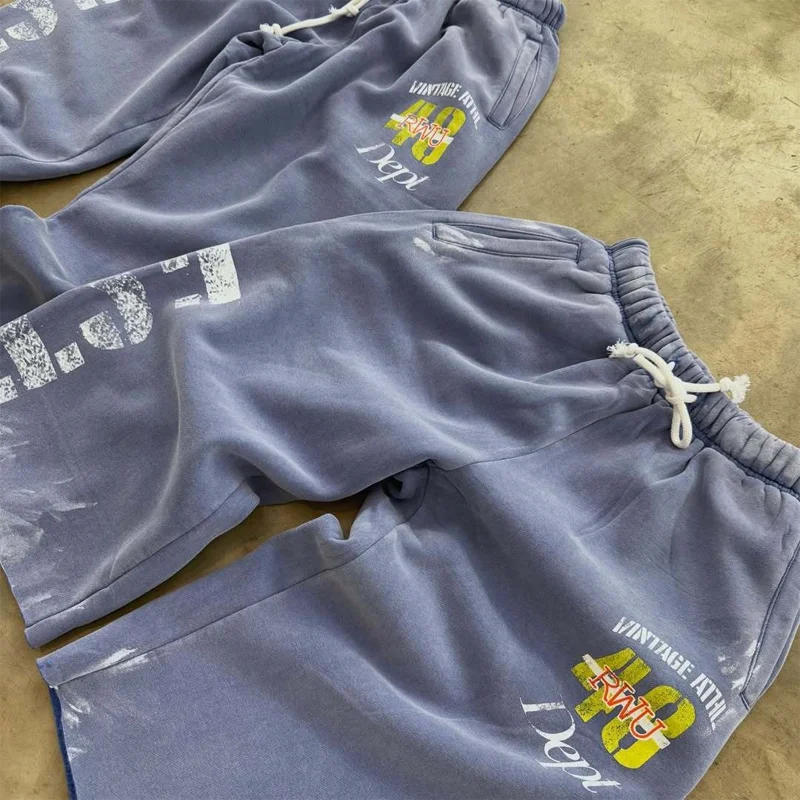 Herren Damen Gewaschene blaue Jogginghose, lockere, lässige lange Hose, Shorts, Grafik- und Buchstabendruck, Kordelzug, Streetwear, Y2K-Mode – Detail 3