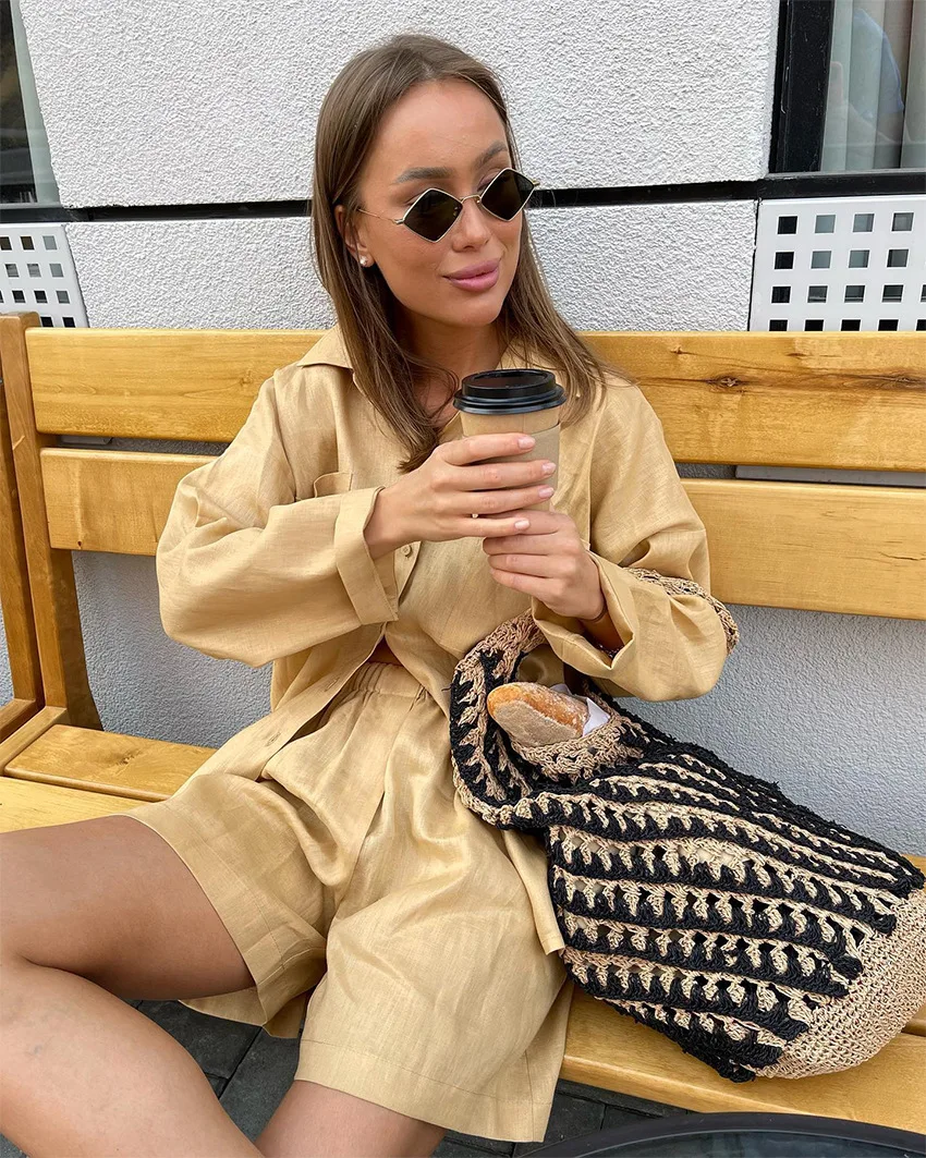 Women\'s Summer Suit Shirt and Shorts Long Sleeve Top Oversize Two-piece Set  Loose Cotton Linen Suit for Women Outfits 2024 New